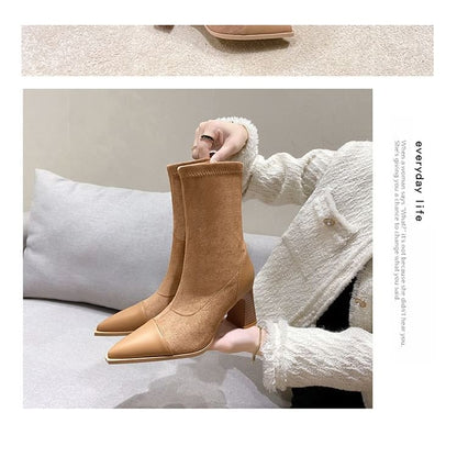 Block Heel Pointy Mid Calf Boots