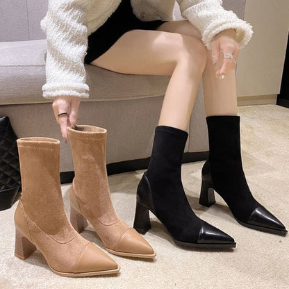 Block Heel Pointy Mid Calf Boots