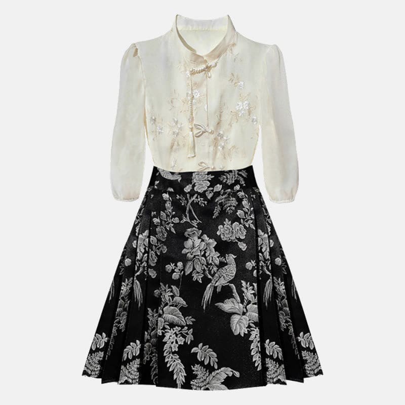 Blossom Bird Print Skirt Two Pieces Set - Set / S