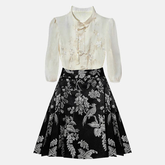 Blossom Bird Print Skirt Two Pieces Set - Set / S