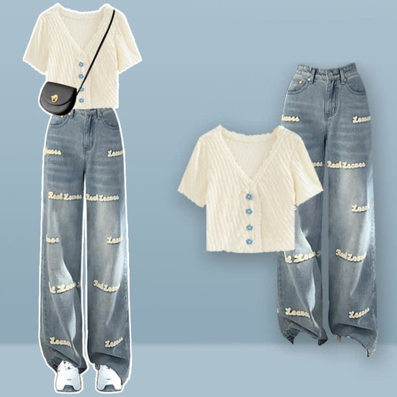 Blossom Button T-Shirt Letter Denim Pants Set