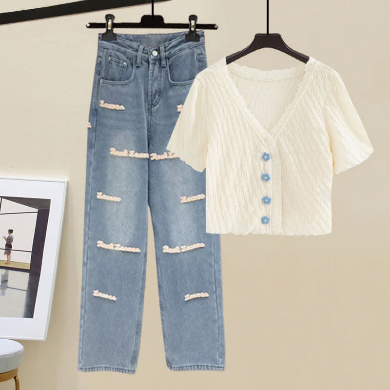 Blossom Button T-Shirt Letter Denim Pants Set - Set / M