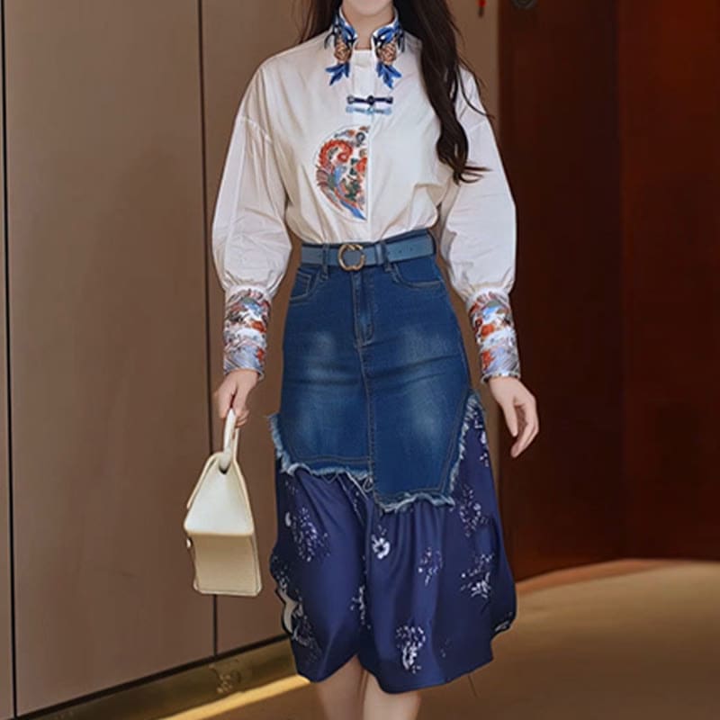 Vintage Buckle Embroidery Shirt Blossom Print Denim Skirt Two Pieces Set