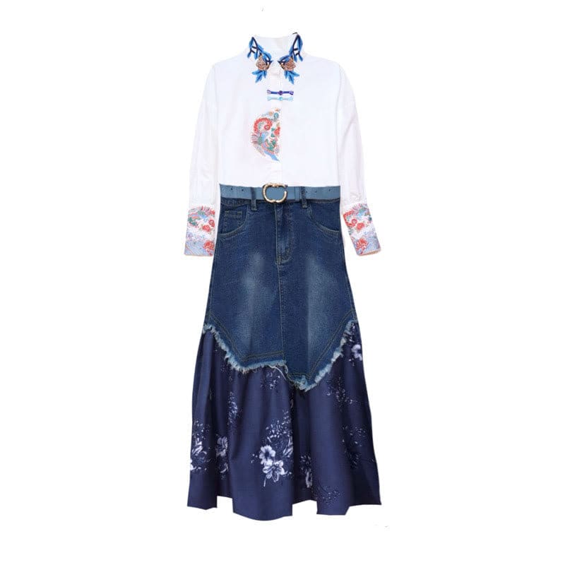 Vintage Buckle Embroidery Shirt Blossom Print Denim Skirt Two Pieces Set