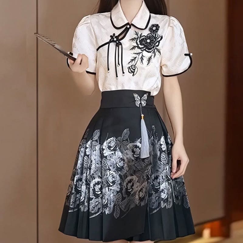 Blossom Shirt Black Flower Print Skirt Set