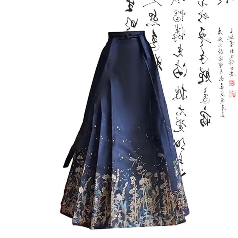 Blue Bow Print Print T-Shirt Vintage Pleated Skirt - Long