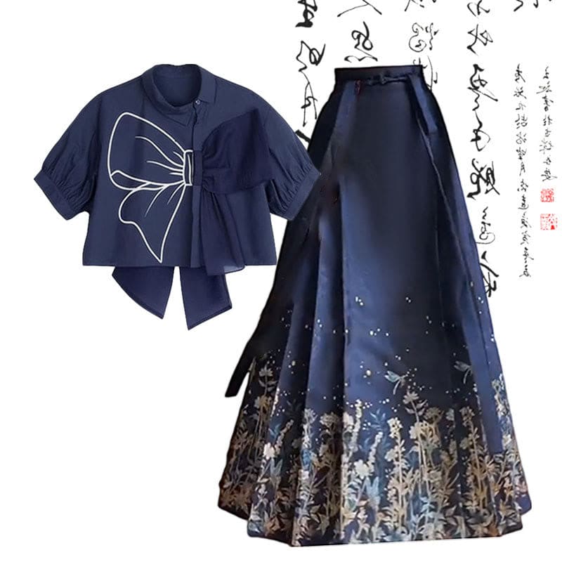 Blue Bow Print Print T-Shirt Vintage Pleated Skirt - Shirt