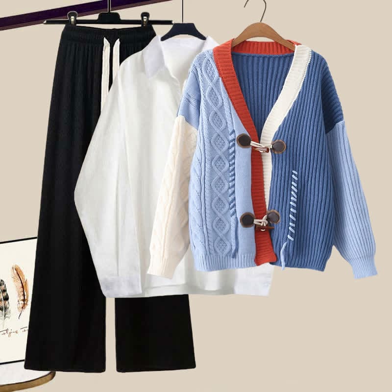 Blue Cardigan Sweater Lapel Shirt Casual Pants - Sweater