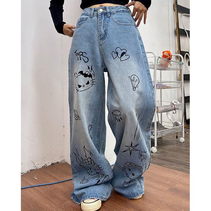 Blue Cat Print Jeans - Jeans