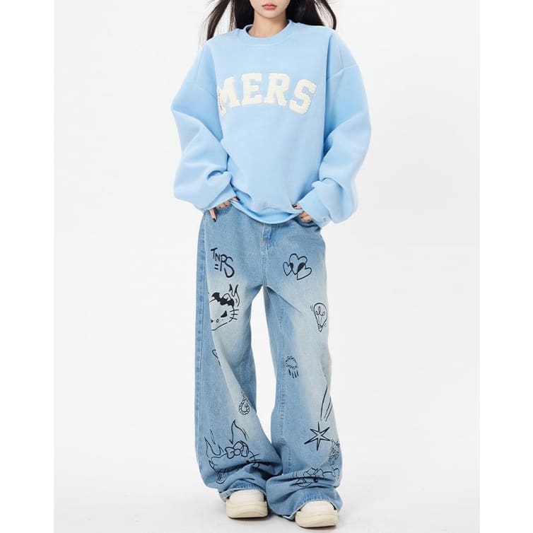 Blue Cat Print Jeans - Jeans