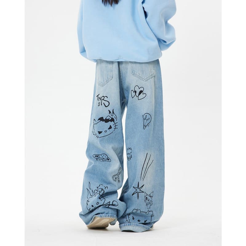 Blue Cat Print Jeans - Jeans