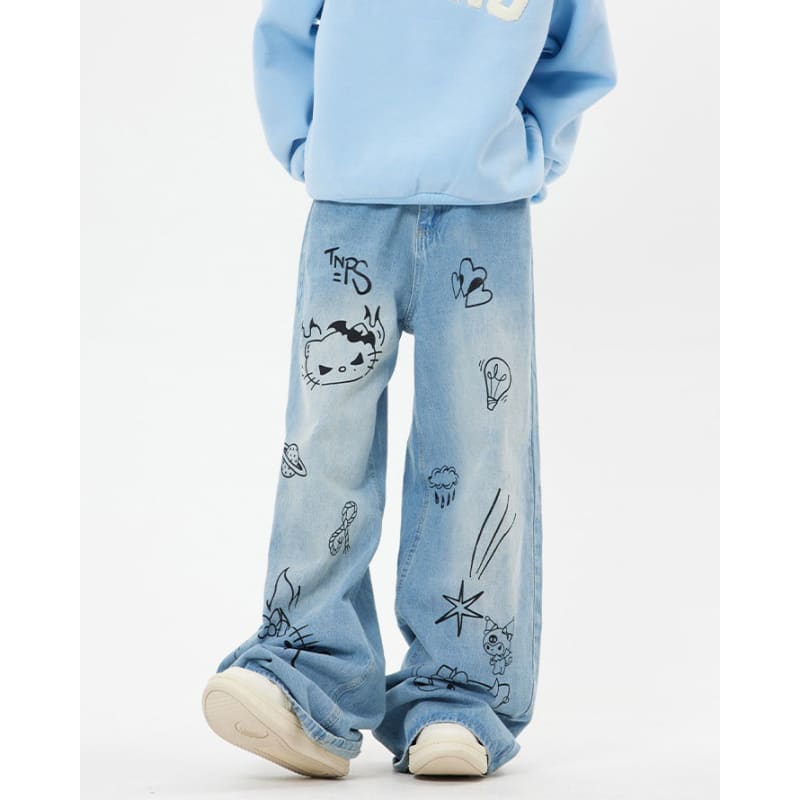 Blue Cat Print Jeans - Jeans