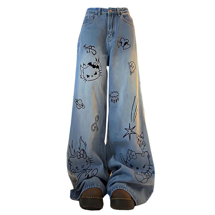 Blue Cat Print Jeans - Jeans