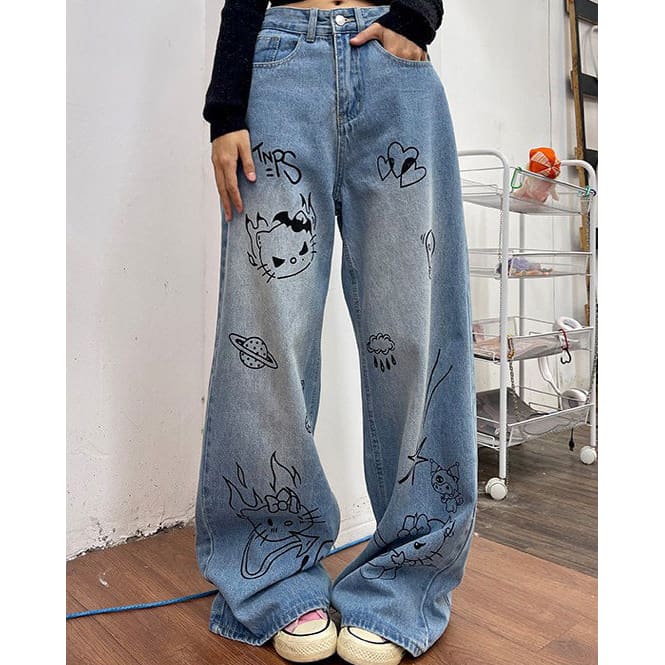 Blue Cat Print Jeans - Jeans