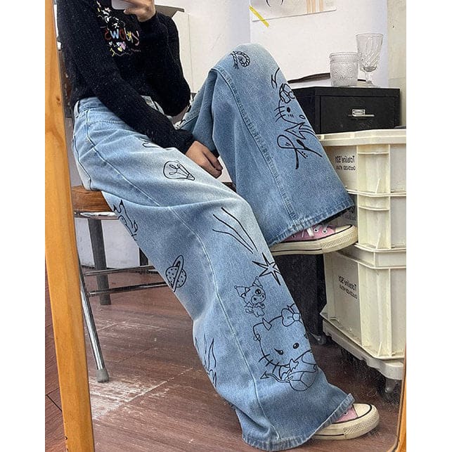 Blue Cat Print Jeans - Jeans