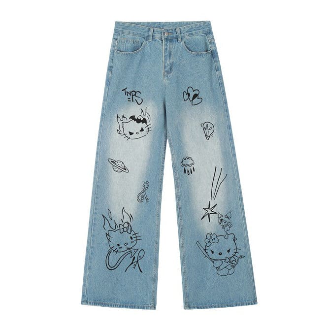 Blue Cat Print Jeans - Jeans