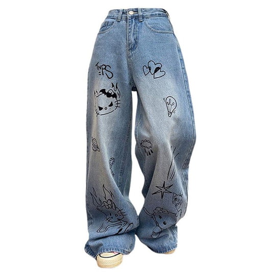 Blue Cat Print Jeans - S / Blue - Jeans