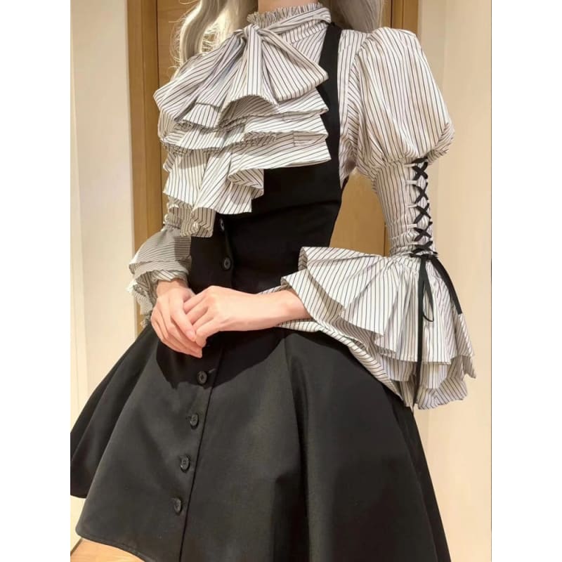 Blue Collar Layered Bell Sleeves Lolita Striped Shirt