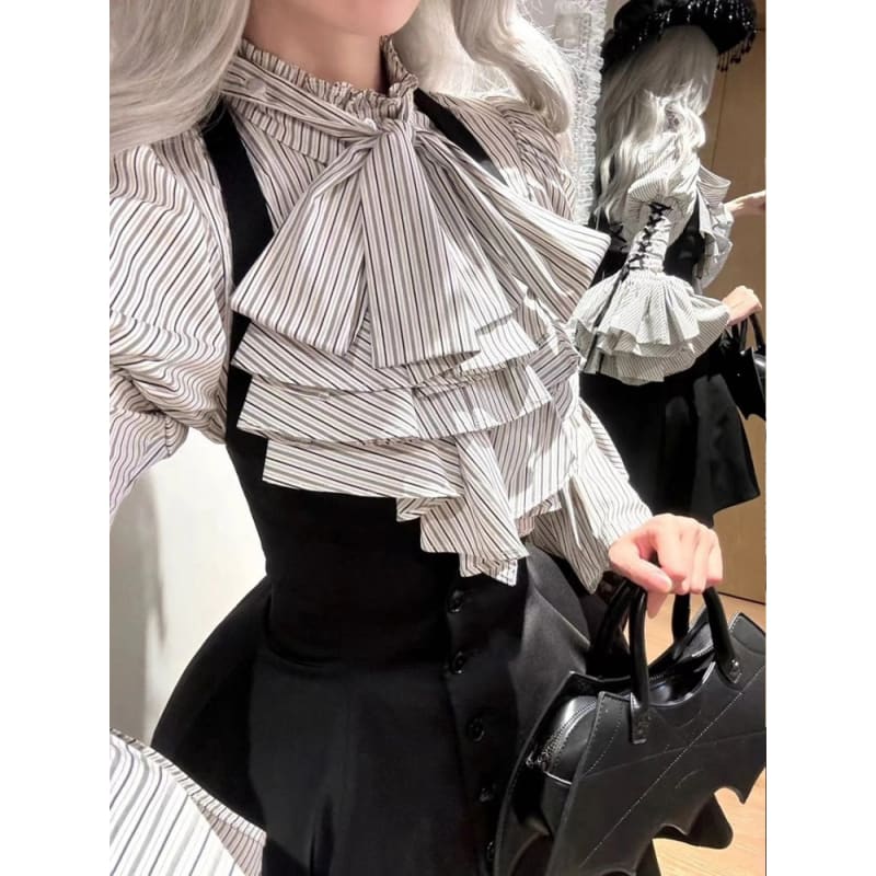 Blue Collar Layered Bell Sleeves Lolita Striped Shirt