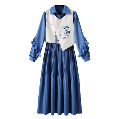 Blue Crane Embroidery Fringed Vest Lapel Dress Set