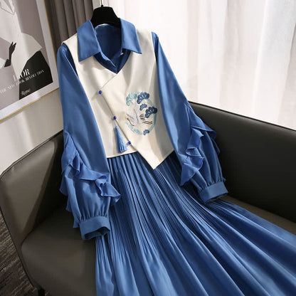 Blue Crane Embroidery Fringed Vest Lapel Dress Set