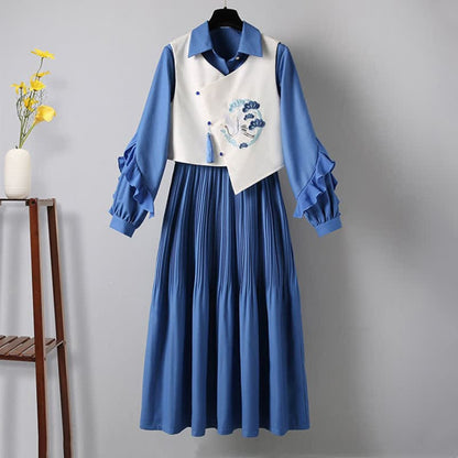 Blue Crane Embroidery Fringed Vest Lapel Dress Set - Set / M