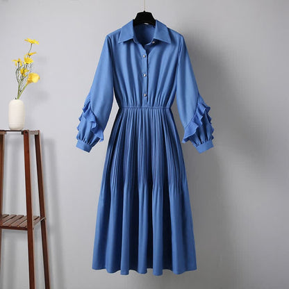 Blue Crane Embroidery Fringed Vest Lapel Dress Set - Dress