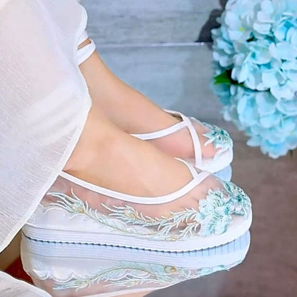 Blue Floral Embroidery Flat Mesh Shoes