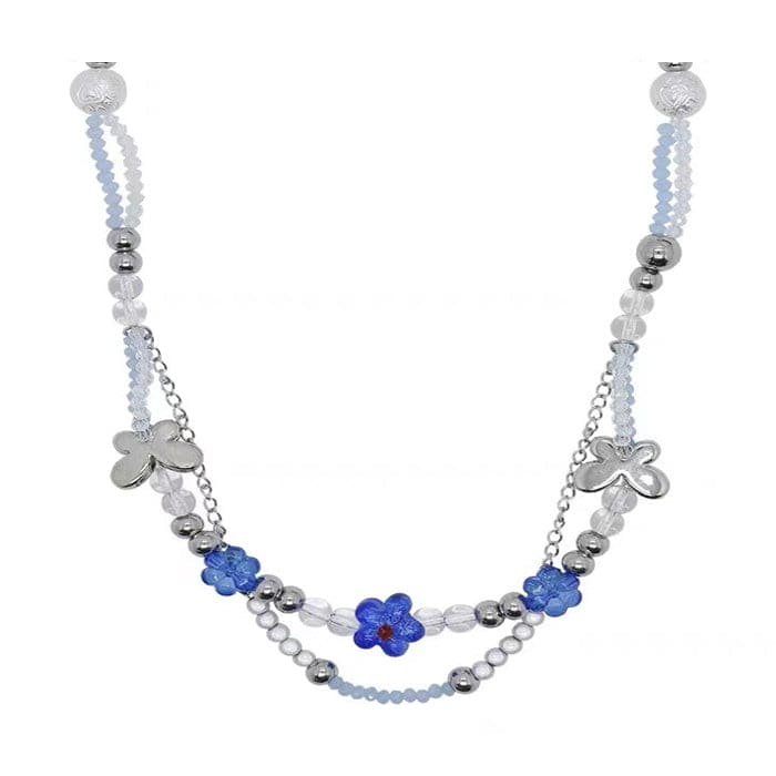 Blue Flowers Beaded Necklace - Standart / Blue - Necklace