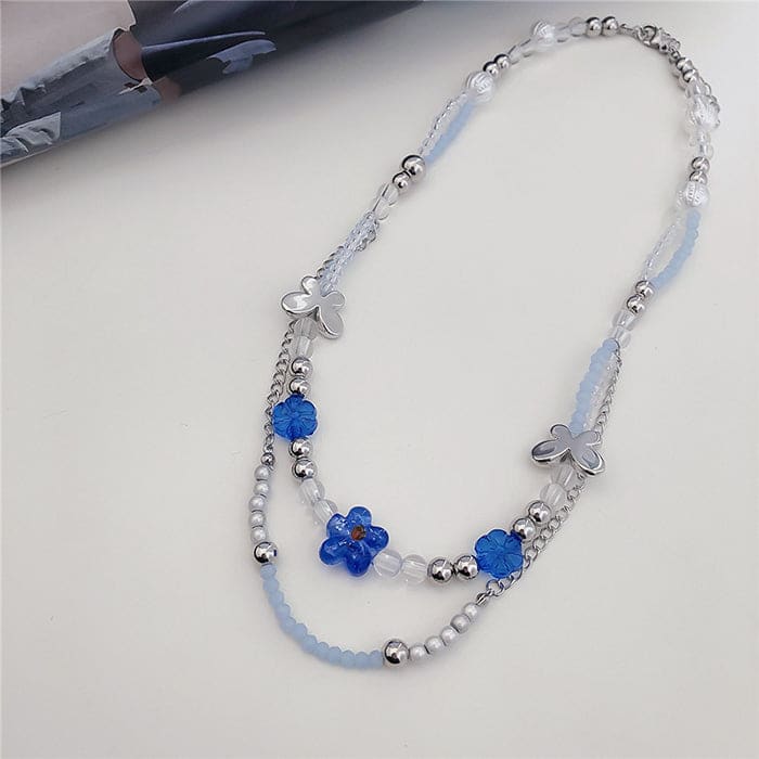 Blue Flowers Beaded Necklace - Standart / Blue - Necklace