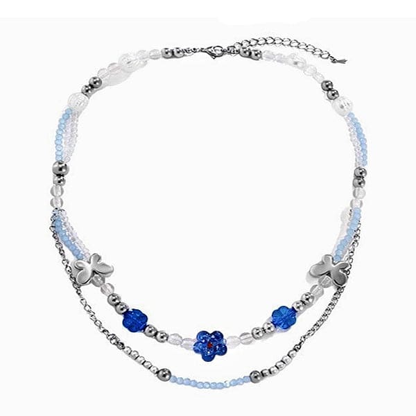 Blue Flowers Beaded Necklace - Standart / Blue - Necklace