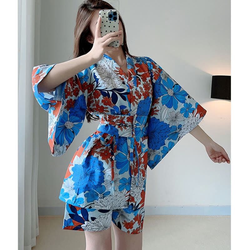 Blue Kimono Red Flowers Print Pajamas