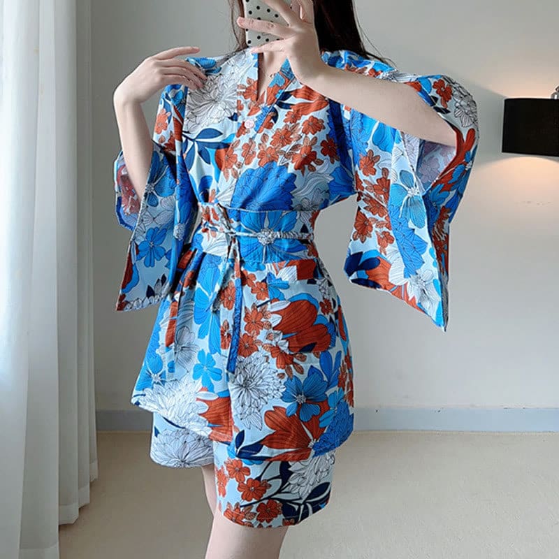 Blue Kimono Red Flowers Print Pajamas - Blue / XL