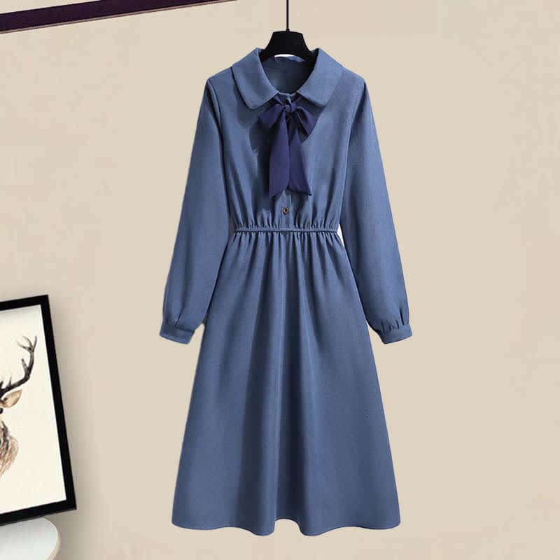 Blue Knit Sweater Bow Tie Lapel A-line Dress - Dress / M