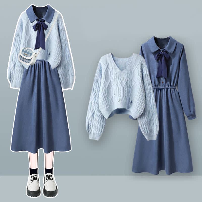 Blue Knit Sweater Bow Tie Lapel A-line Dress - Set / M