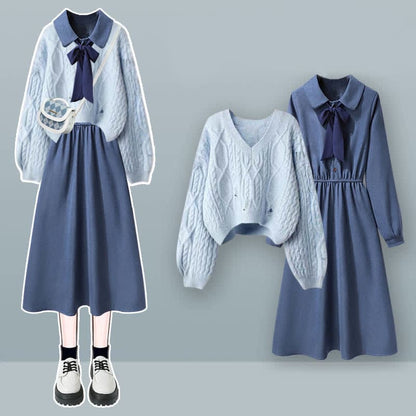 Blue Knit Sweater Bow Tie Lapel A-line Dress - Set / M