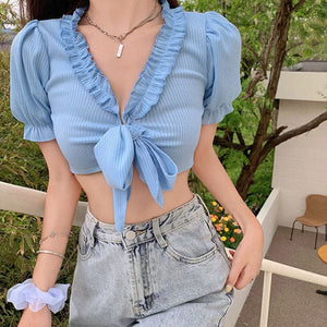 Blue Knot Tie Crop Top - Free Size / Blue - Tops