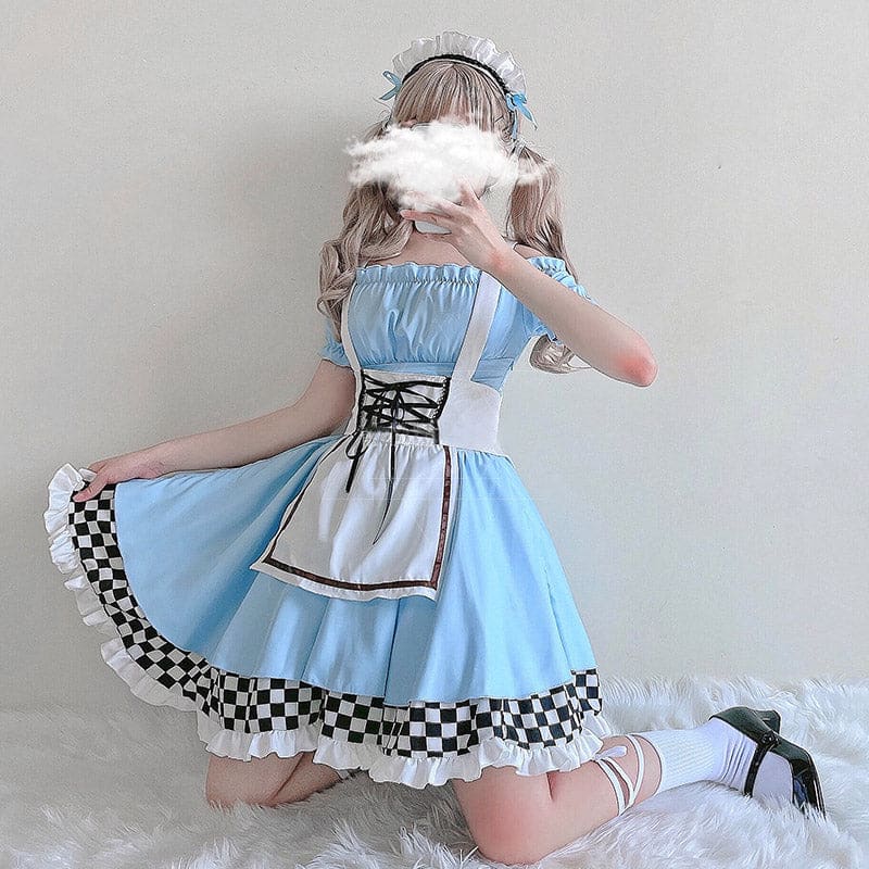 Blue Lace Up Lattice Rulffled Lolita Dress