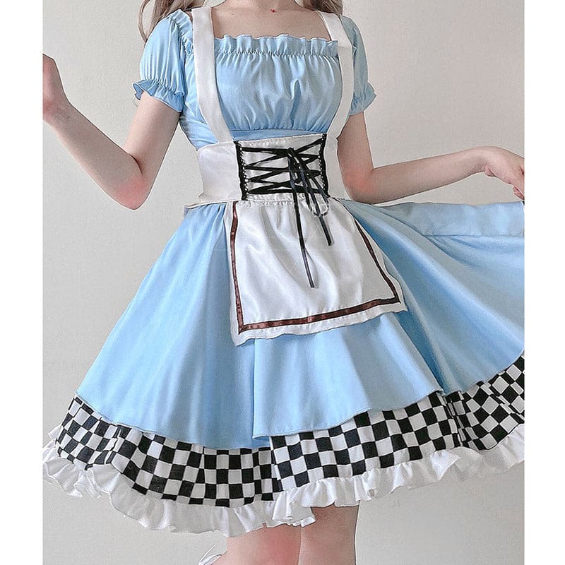 Blue Lace Up Lattice Rulffled Lolita Dress