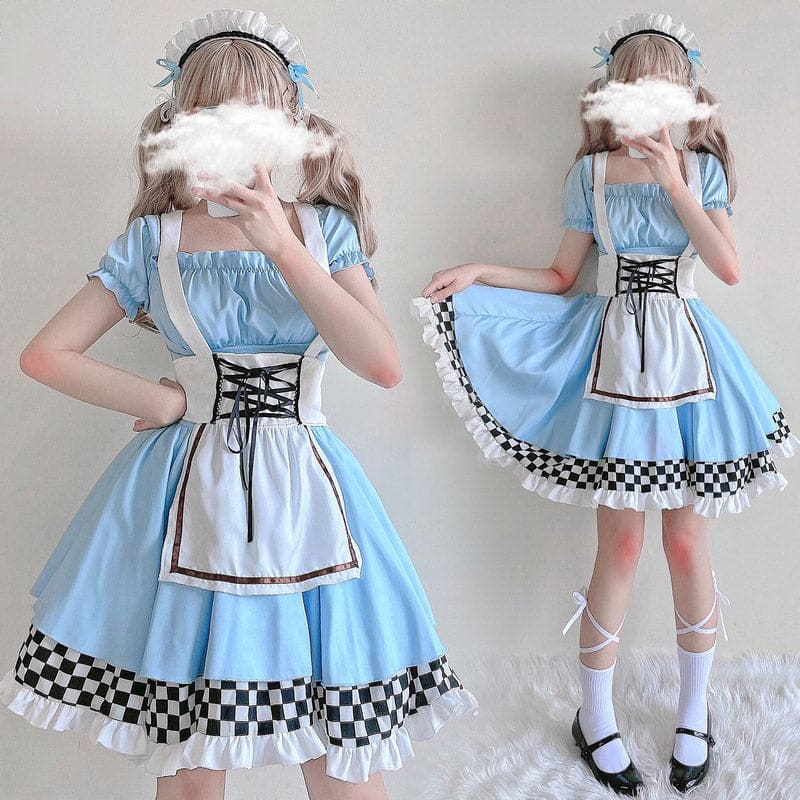 Blue Lace Up Lattice Rulffled Lolita Dress