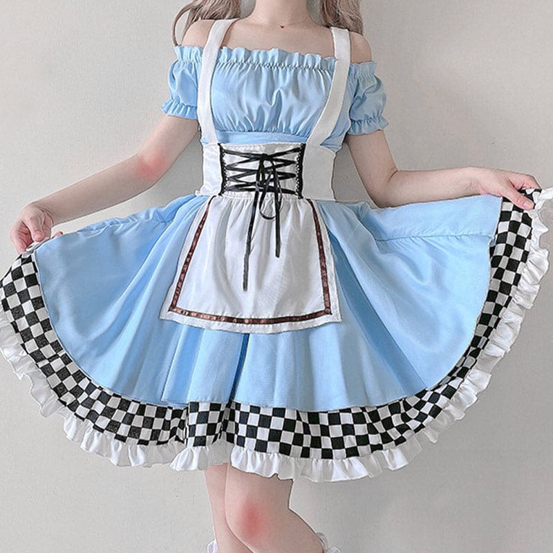 Blue Lace Up Lattice Rulffled Lolita Dress