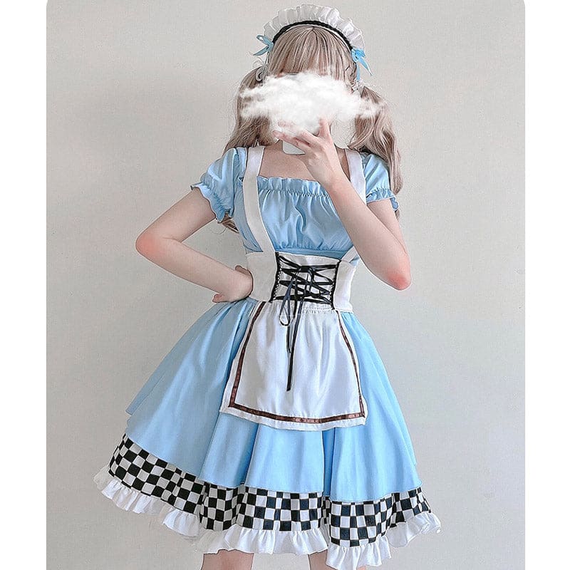 Blue Lace Up Lattice Rulffled Lolita Dress