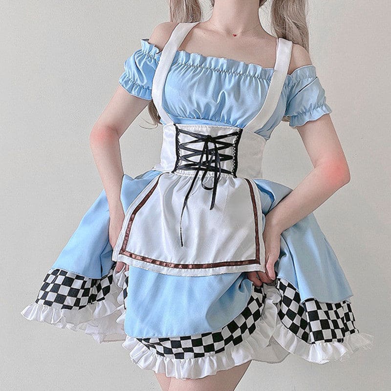 Blue Lace Up Lattice Rulffled Lolita Dress - Blue / S