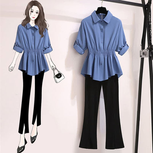 Blue Lapel Chiffon Shirt Flared Split Pants