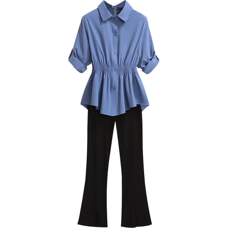 Blue Lapel Chiffon Shirt Flared Split Pants