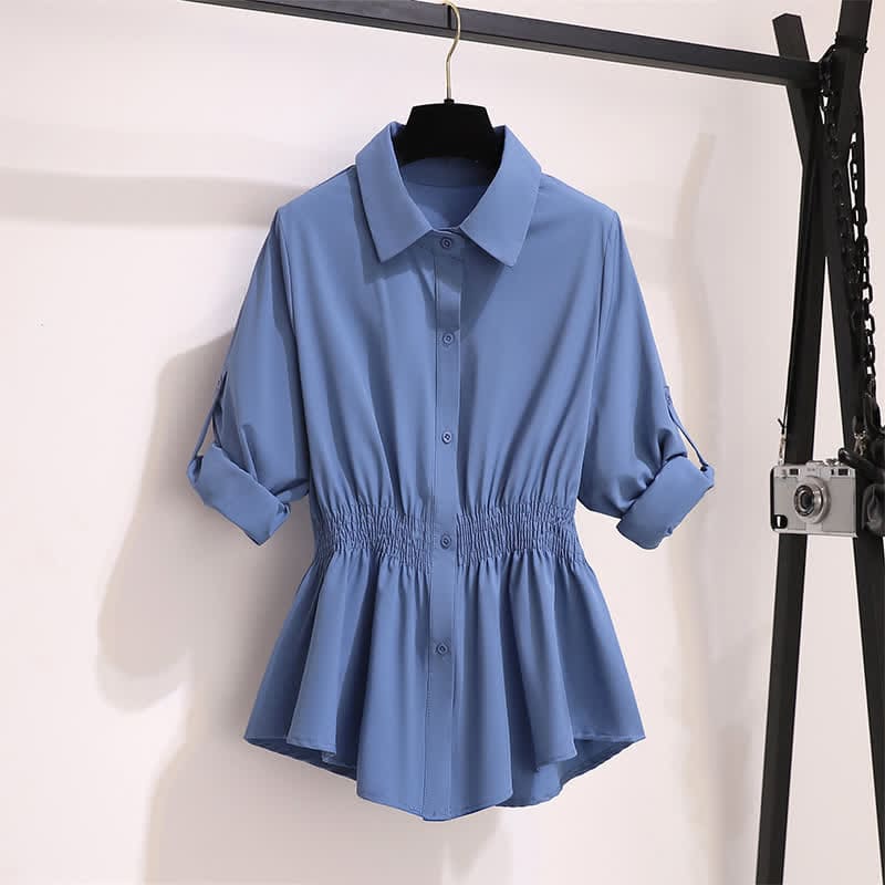 Blue Lapel Chiffon Shirt Flared Split Pants - Shirt / M