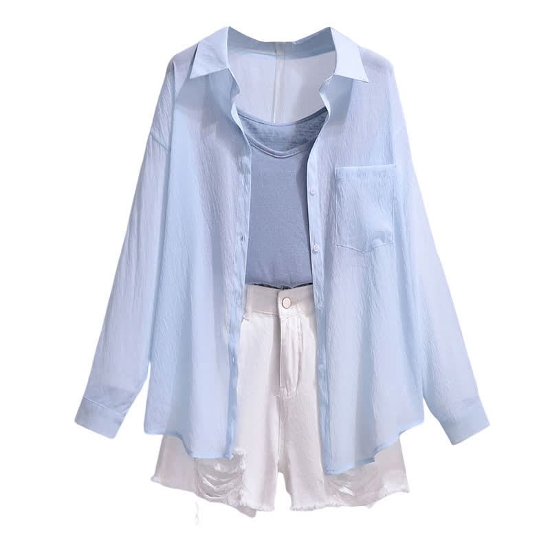 Blue Lapel Shirt Cami Top Ripped Denim Shorts