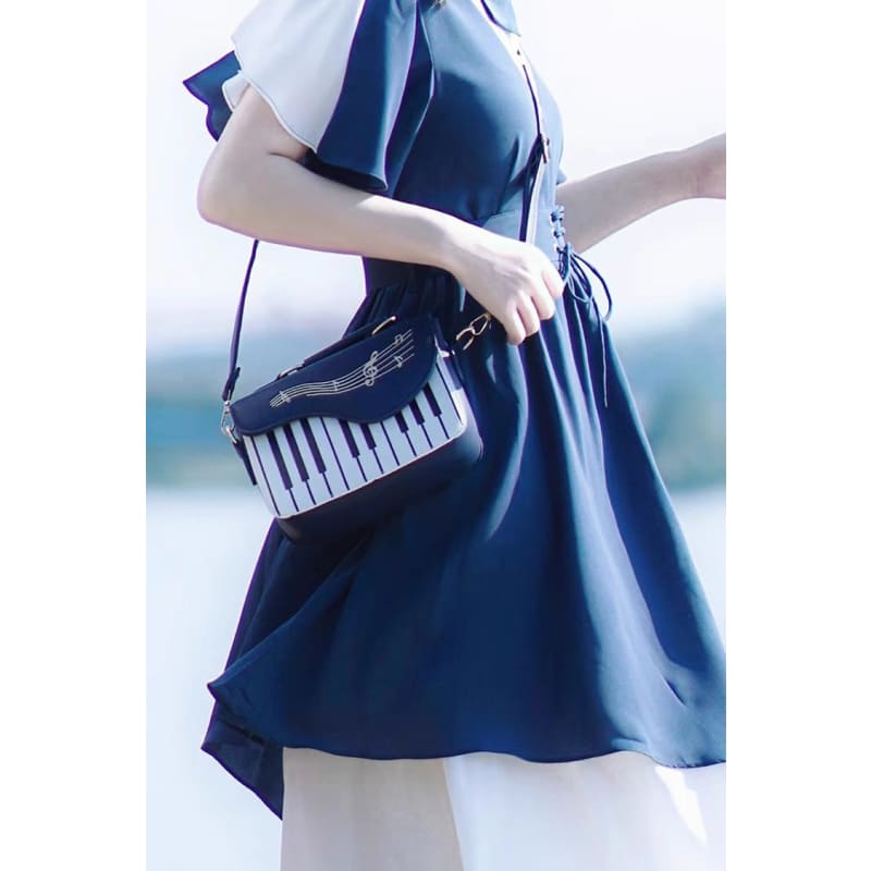 Blue Piano Note Music Shoulder Bag - One-Size / Blue/White