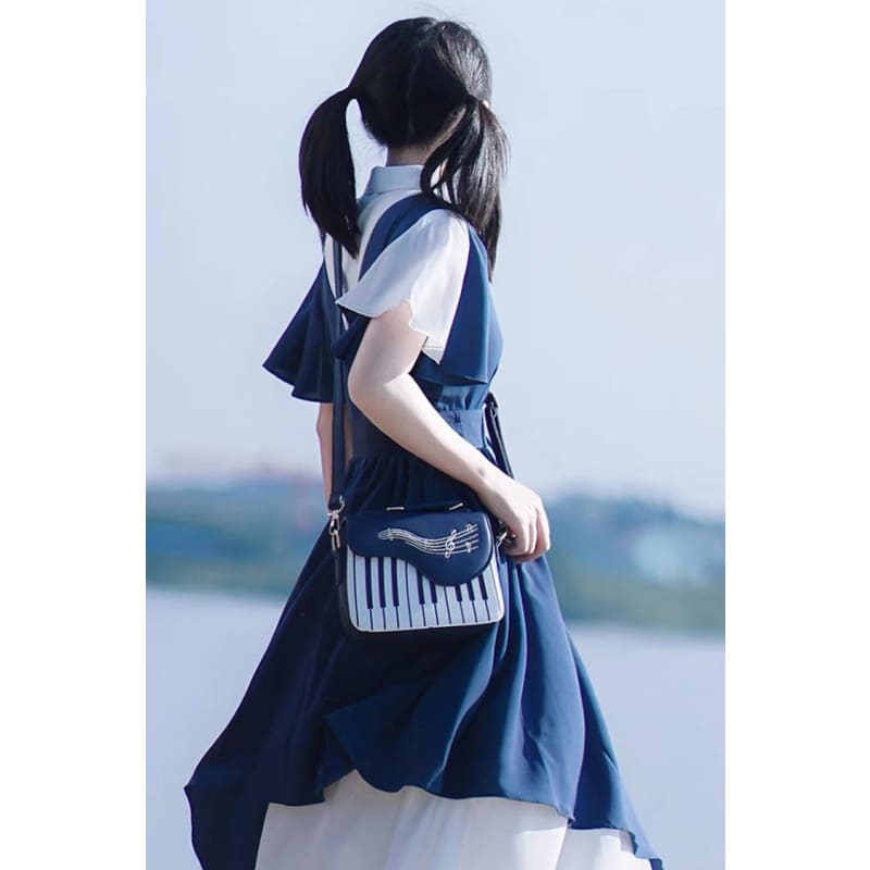 Blue Piano Note Music Shoulder Bag - One-Size / Blue/White