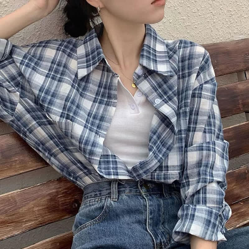 Blue Plaid Print Pocket Long Sleeve Lapel Shirt